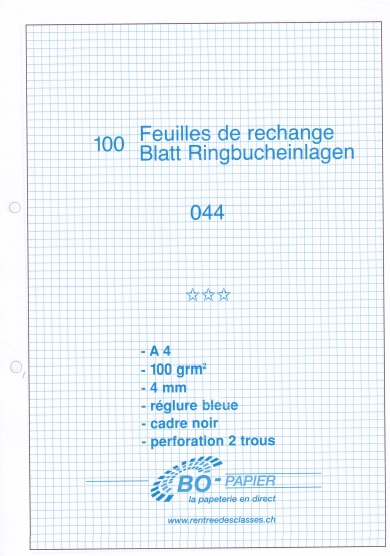 Pqt de 100 feuilles 044A4 quadrillé 4mm avec cadre